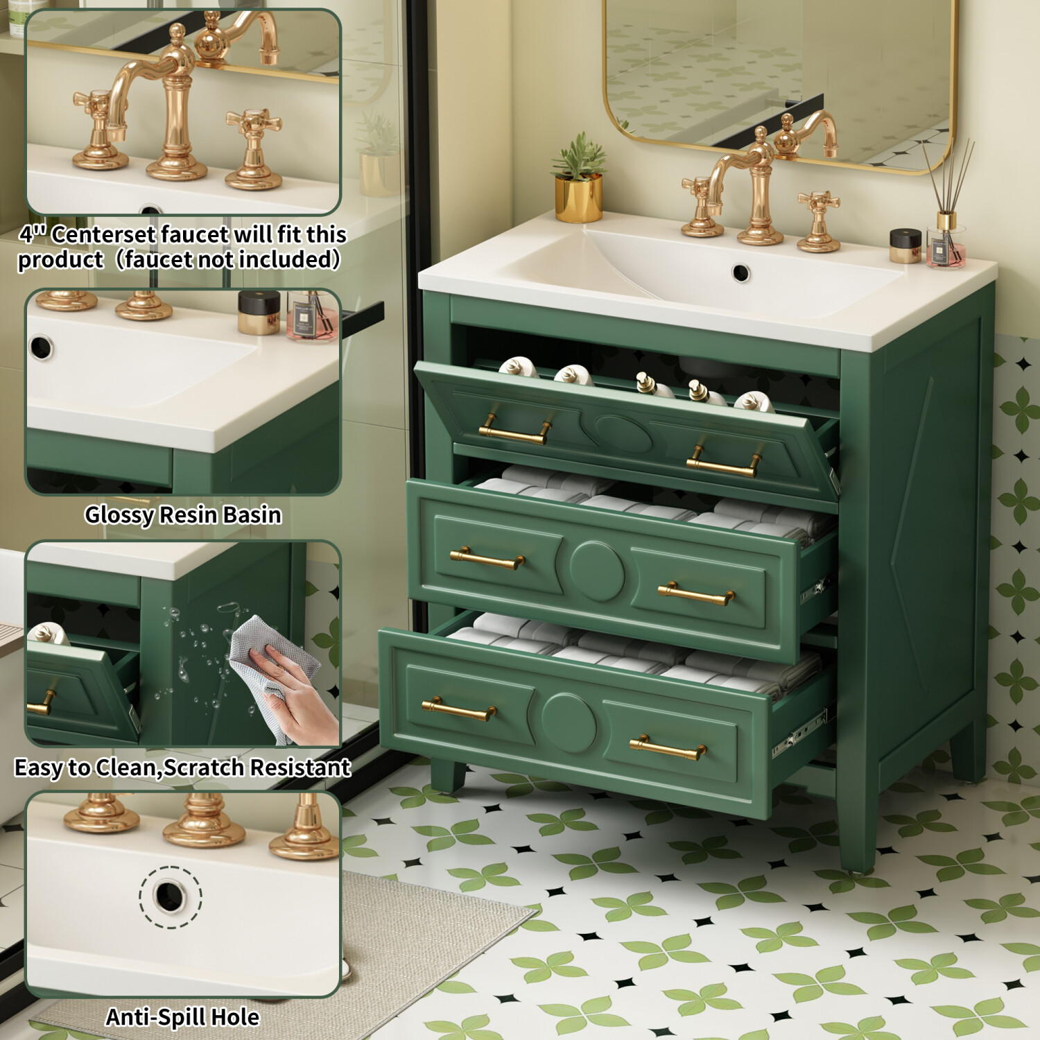 30″ Bathroom Vanity with Basin Sink, 3 Drawers, Freestanding Bath Vanity Cabinet