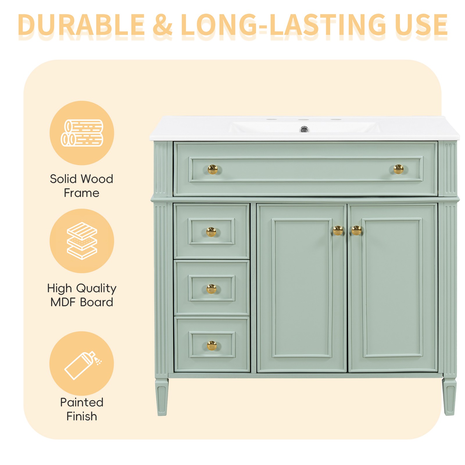 36 Inch Bathroom Vanity with Sink, Green Solid Wood Cabinet, Gold Handles