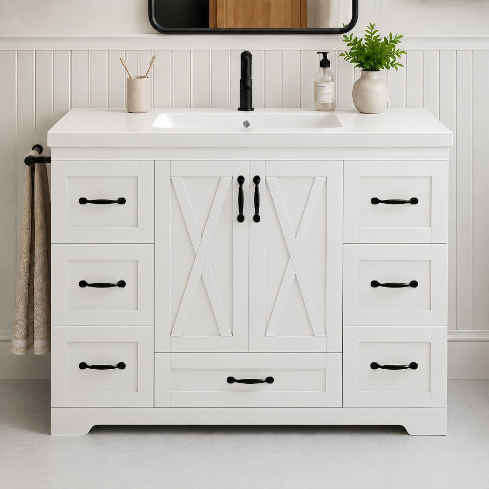 48in Bathroom Vanity W/Sink Ceramic Top Backsplash 6 Drawers Towel Bar Storage