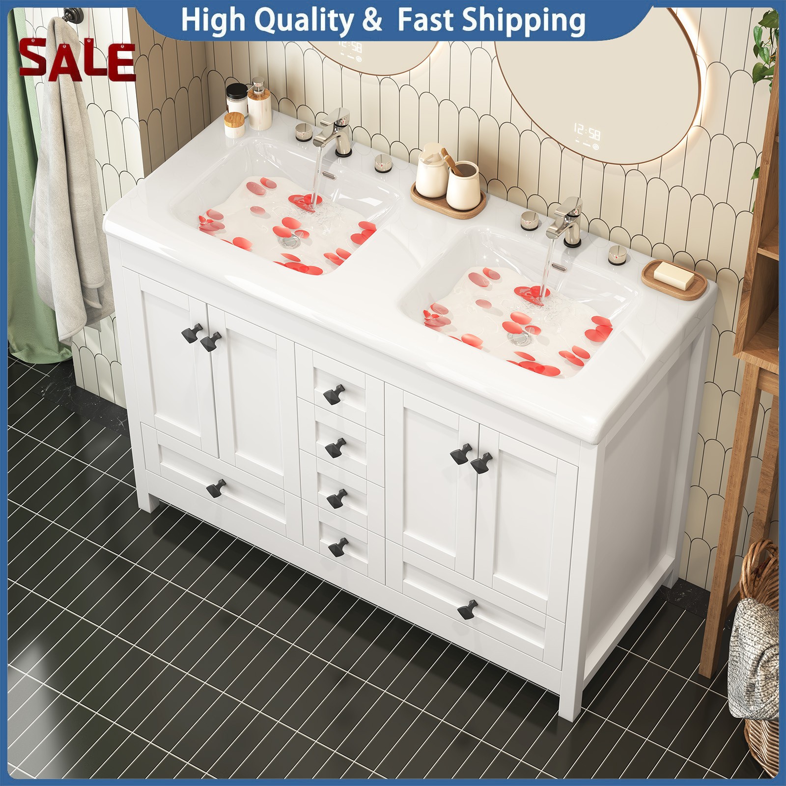 Modern 47-inch Double-Sink Freestanding Vanity with 6 Drawers and Cabinet White