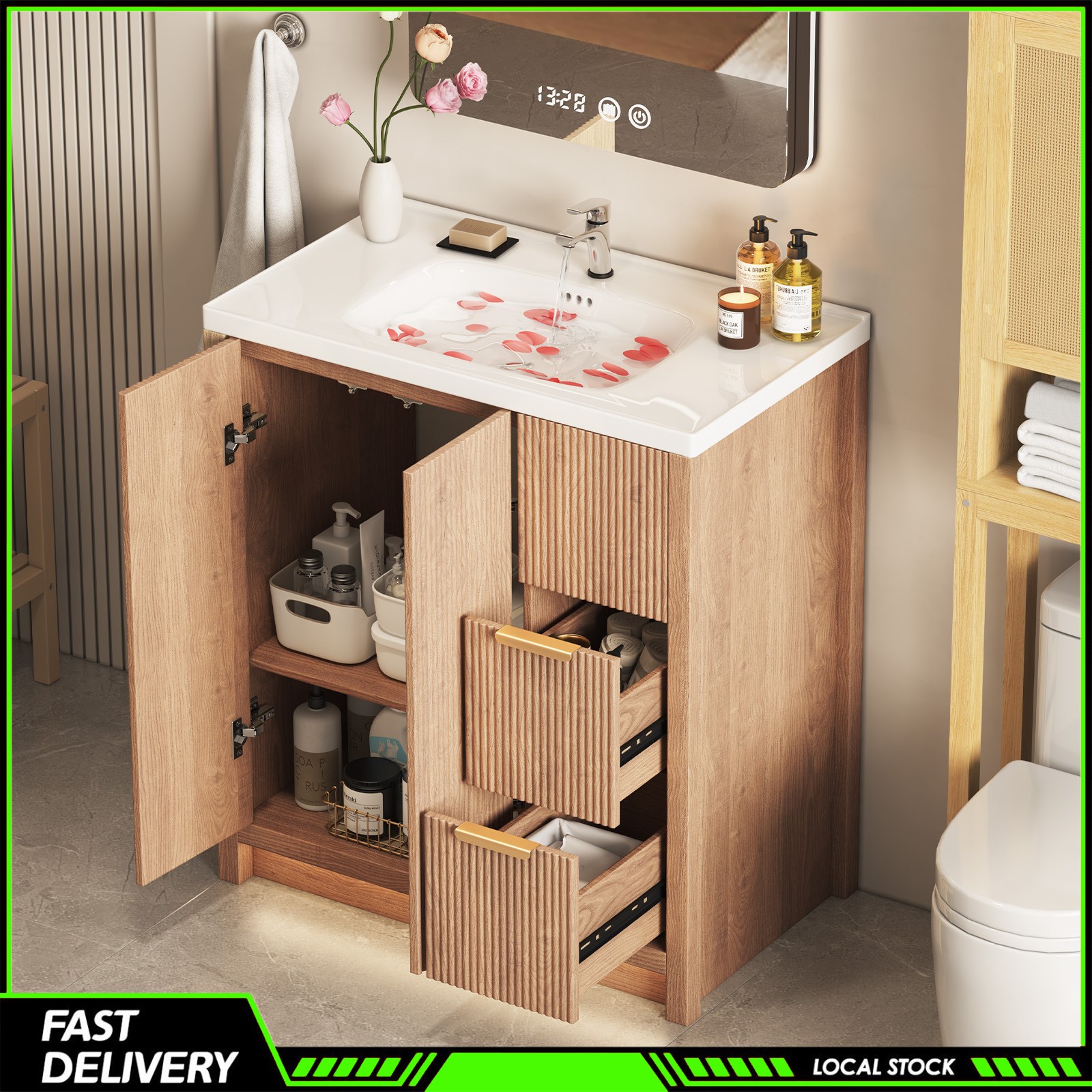 31″ Storage Cabinet Ceramic Sink Bathroom Vanity W/ Drawers Bathroom Cabinet Set