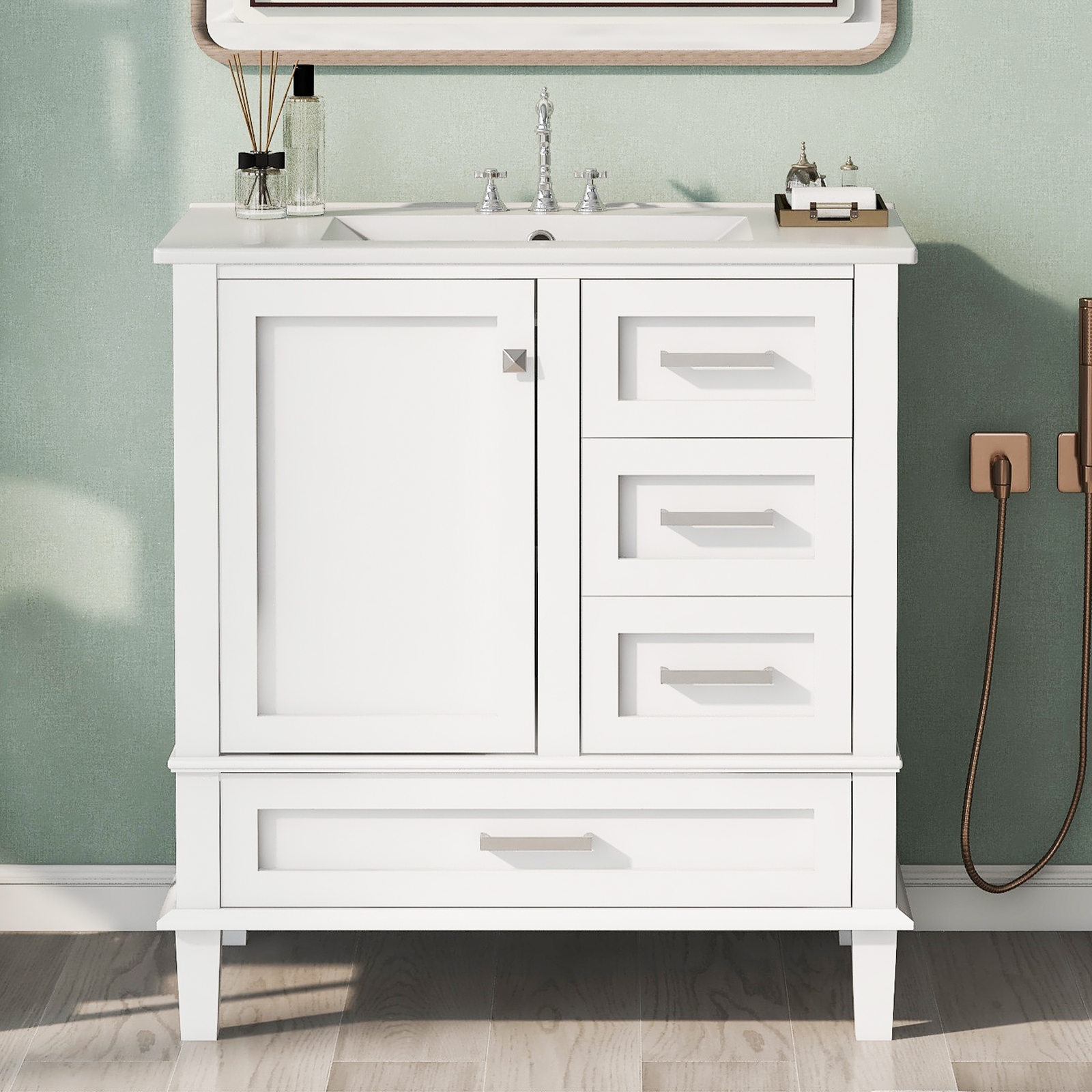 30″ Solid Wood Bathroom Vanity Cabinet with Resin Sink Top, 1 Door and 3 Drawers