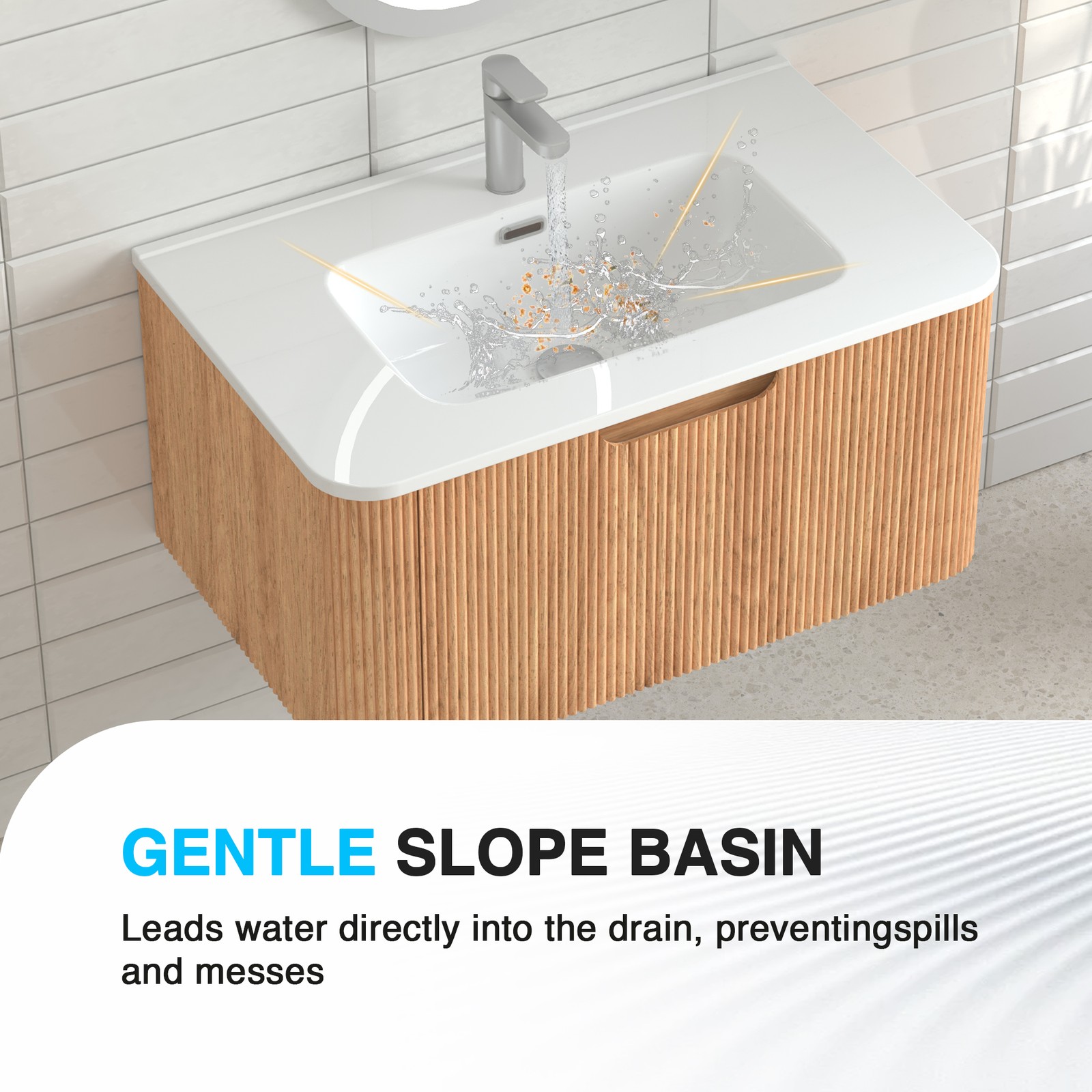 30″ Floating Bathroom Vanity in Walnut with White Ceramic Basin