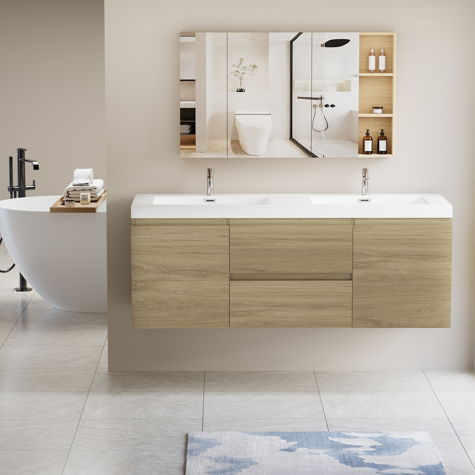 60″ Floating Wall-Mounted Bathroom Vanity 2Drawers Doors Double Resin Basin Sink