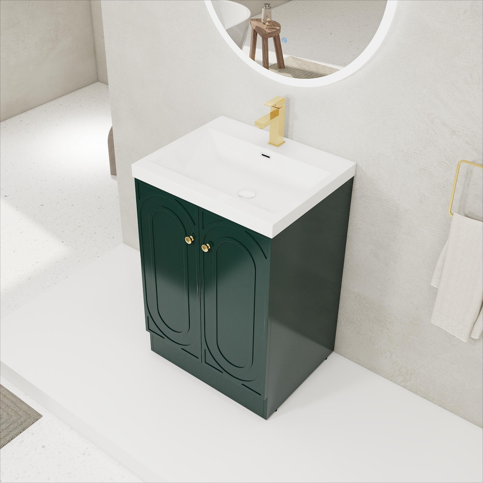 24 inch Plywood Freestanding Bathroom Vanity Cabinet Dark Green Resin Sink Basin