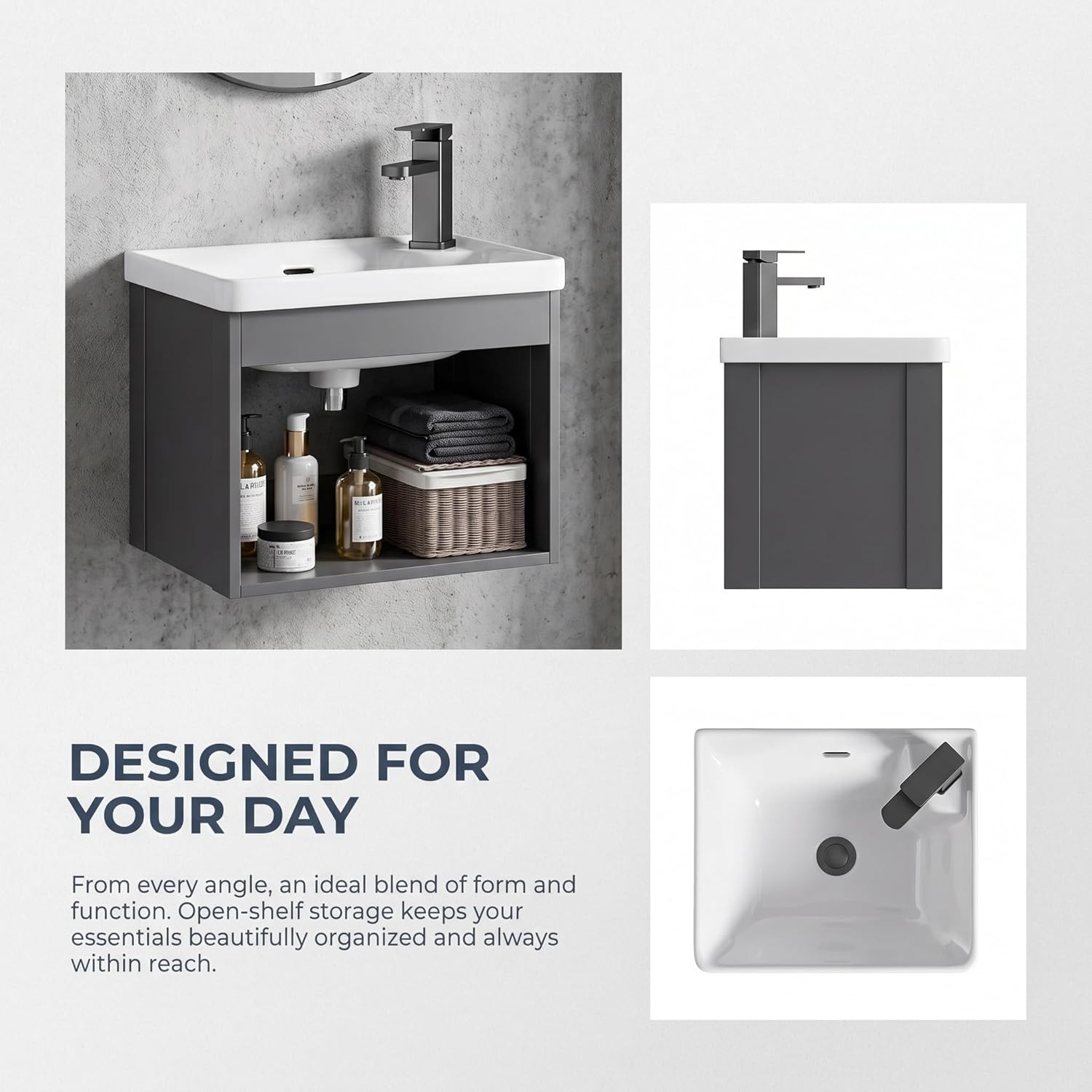 18-Inch Wall-Mounted Floating Gray Open Bathroom Vanity with Ceramic Basin Compa