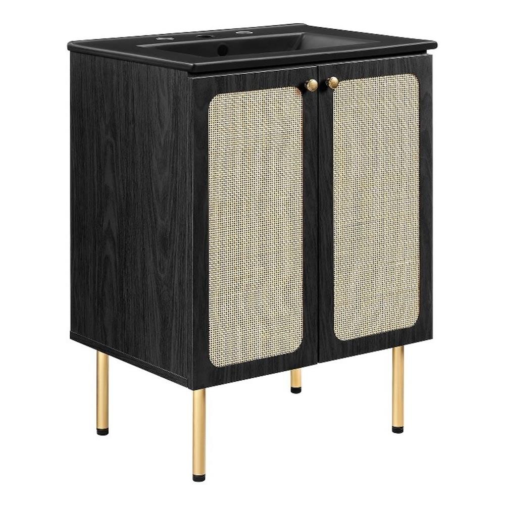 Modway Chaucer 24″ Wood & Rattan Bathroom Vanity with Adjustable Shelf in Black