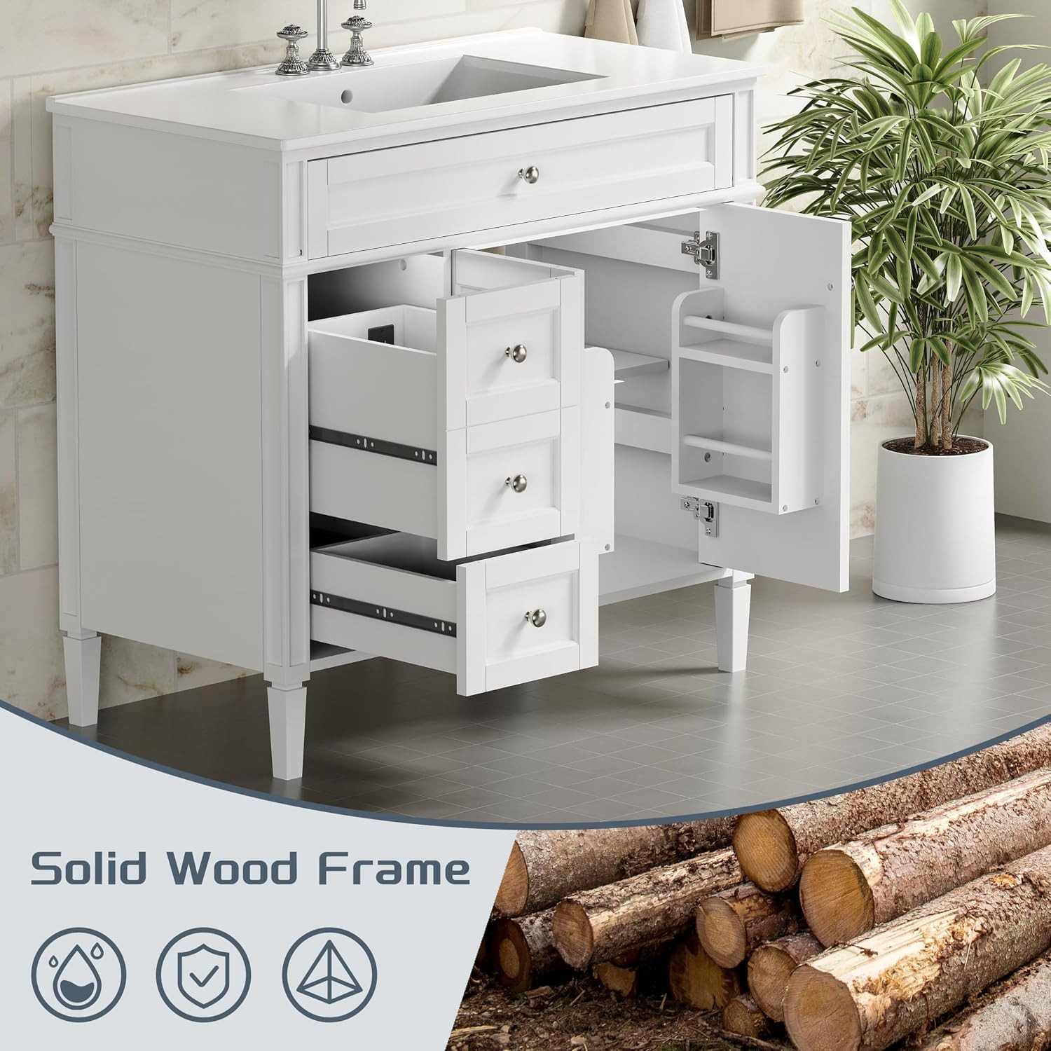 36″ Bathroom Vanity with Sink, Solid Wood Frame Modern Bathroom Vanity, Bathroom