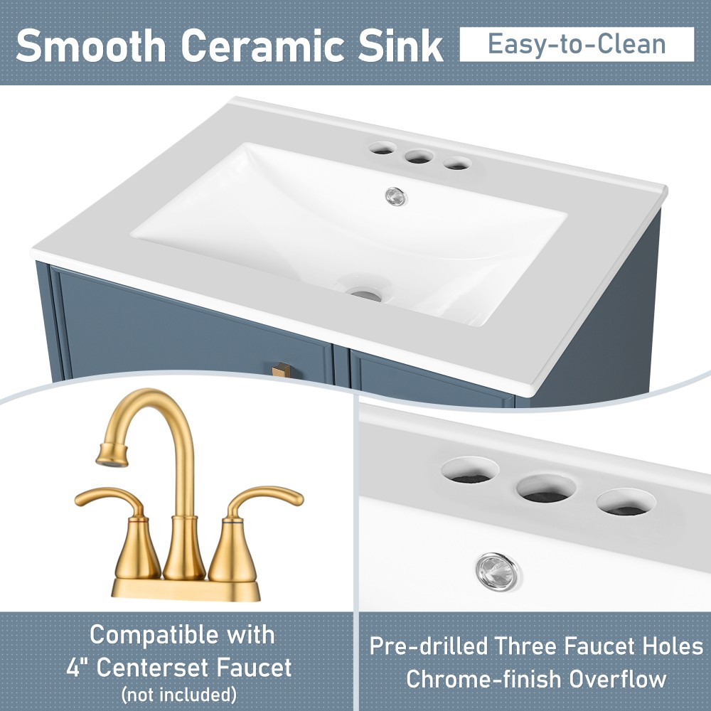 24″ Grey Blue Bathroom Vanity with Ceramic Sink Solid Wood Frame MDF Board