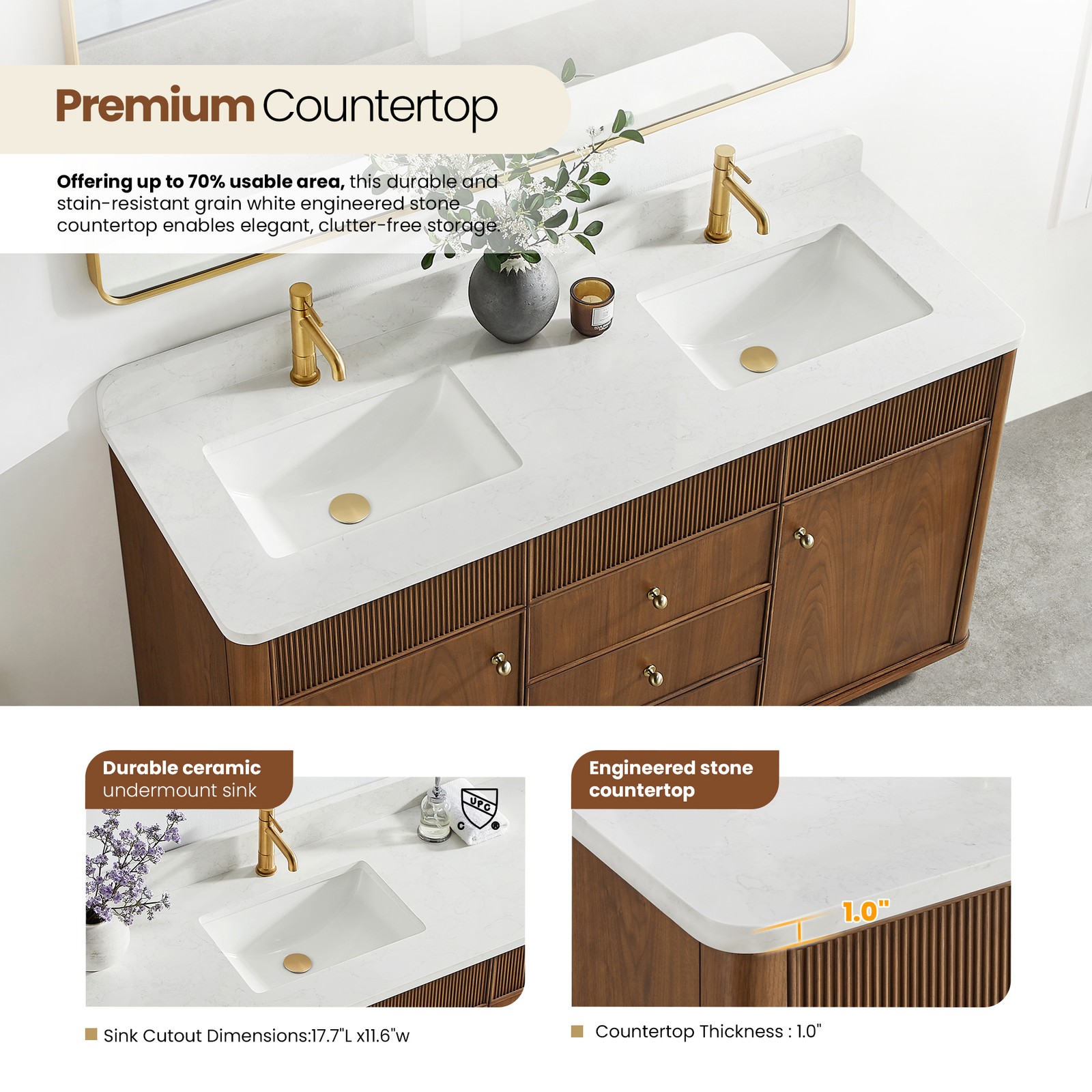 Zogno 60″ Double Sink Bath Vanity in Natural Walnut with White Grain Stone Top
