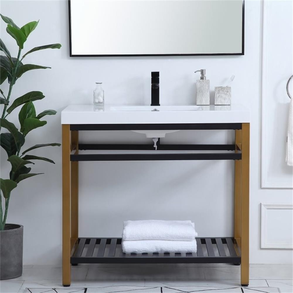 Pemberly Row 36″ Single Resin Top Metal Bathroom Vanity in Gold and Black