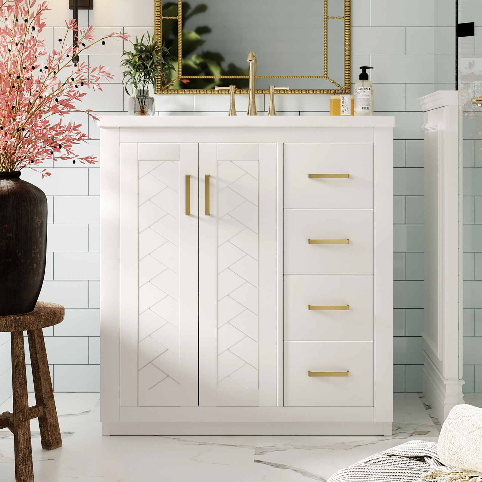 30” Freestanding Bathroom Vanity with Ceramic Sink 2 Doors and 3 Drawers White