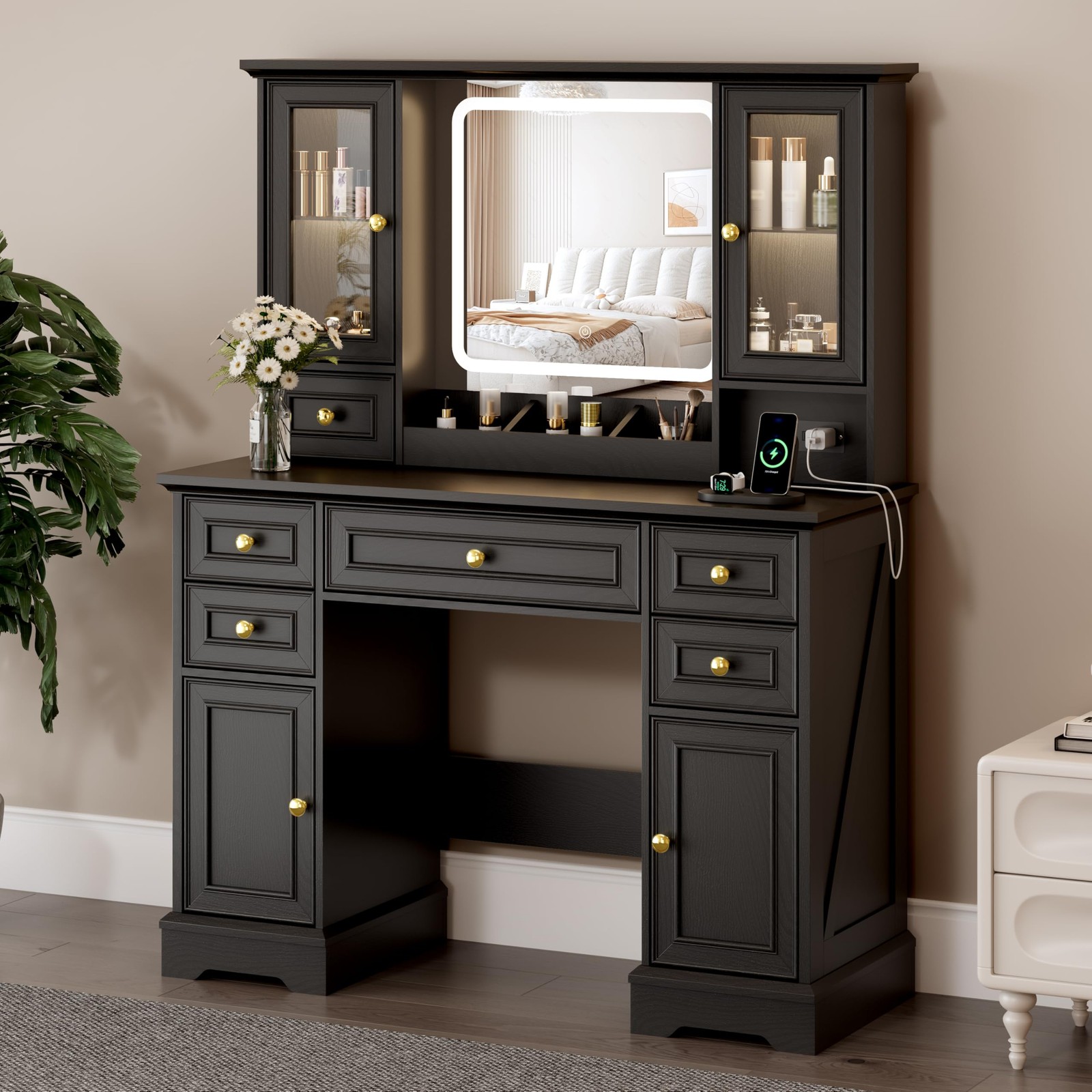 Vanity Desk Mirror Lights Power Outlet USB 6 Drawers 4 Cabinets 3Color Dimmable