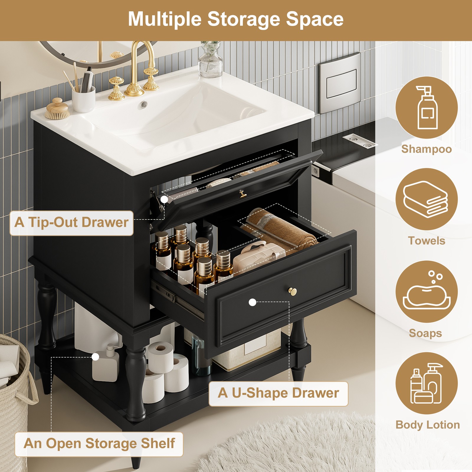FUNIDEE 24″ Bathroom Vanity with Ceramic Sink Storage Cabinet w/ 2 Drawers Black