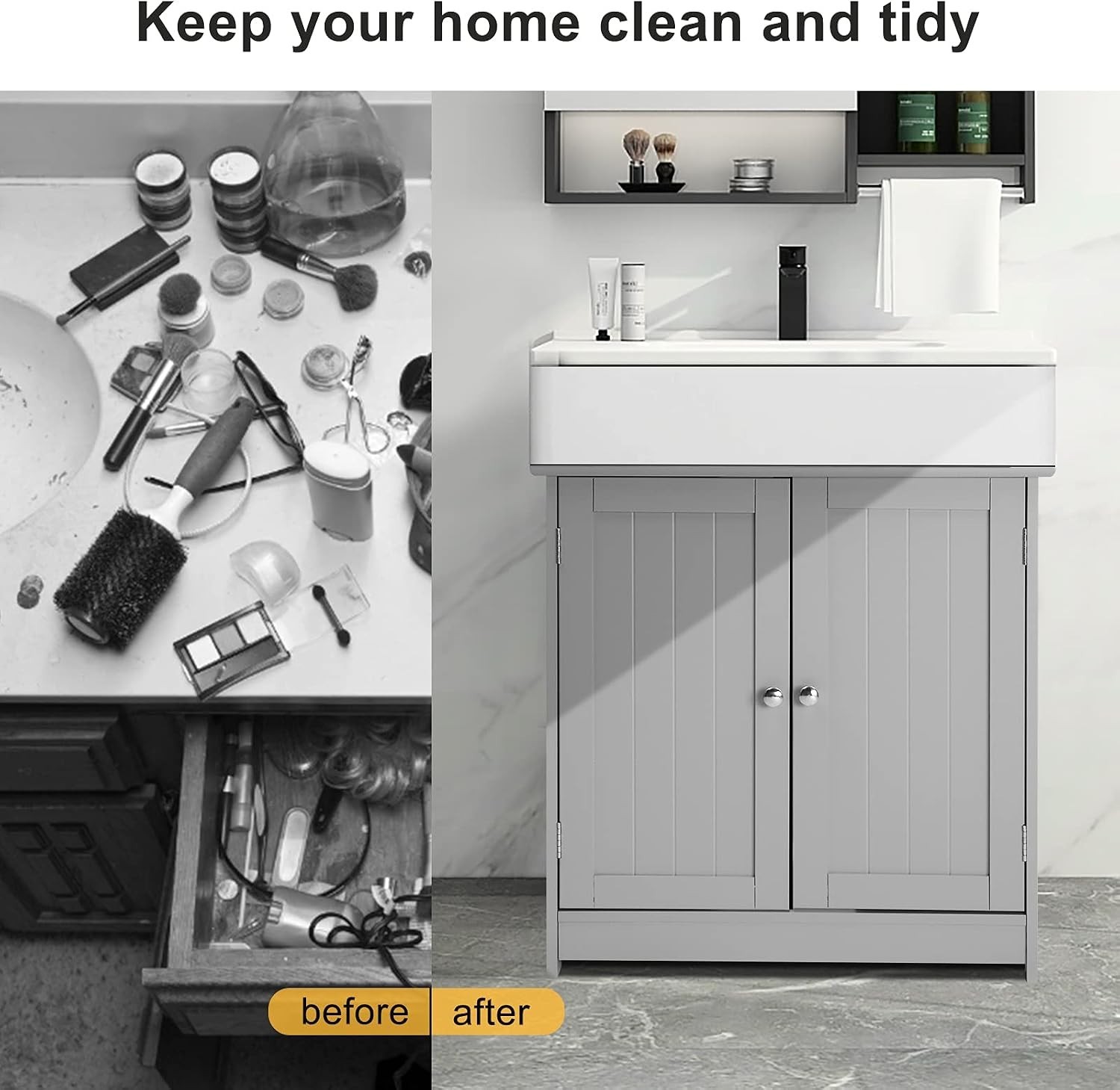 Durable Freestanding Under Sink Cabinet with Adjustable Shelf – Grey Finish