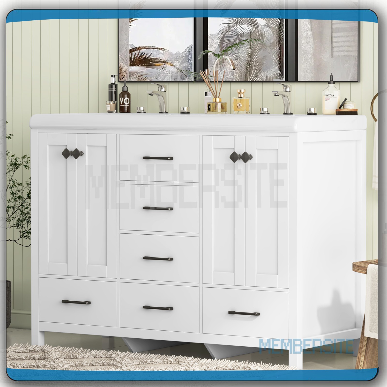 47.3″ Bathroom Vanity w/ Double Sinks Ceramic Cabinet and 5 Drawers Freestanding