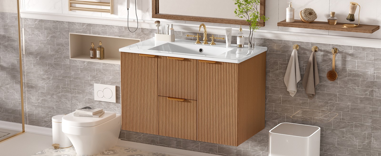 36 Inch Single Sink Bathroom Vanity with Ceramic Top, MDF Cabinet