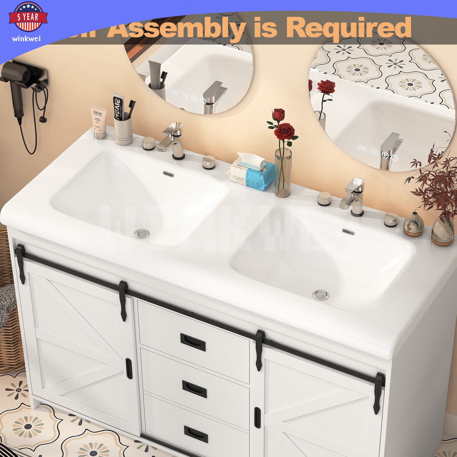 47.3″ Bathroom Vanity w/2 Ceramic Sink Cabinet w/Sliding Doors ,2 Drawers White