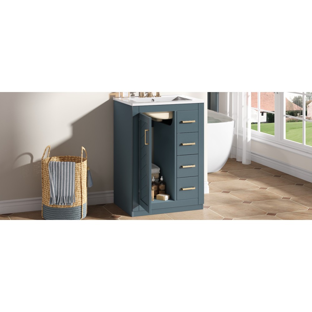 24in Bathroom Vanity Integrated Ceramic Sink 1 Door 3 Drawers