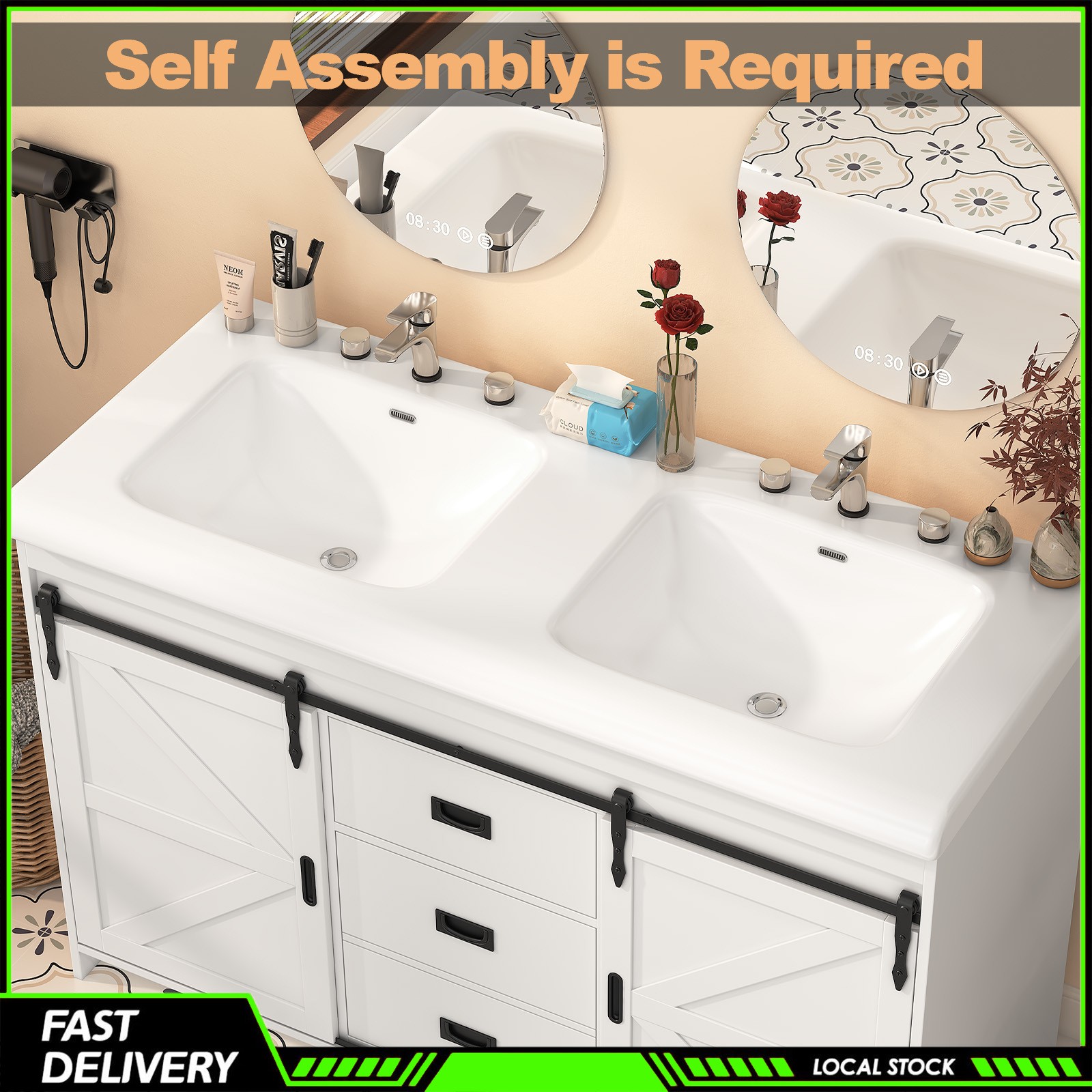 47” Bathroom Vanity &Double Sink Ceramic Basin Modern Storage Cabinet 3 Drawers