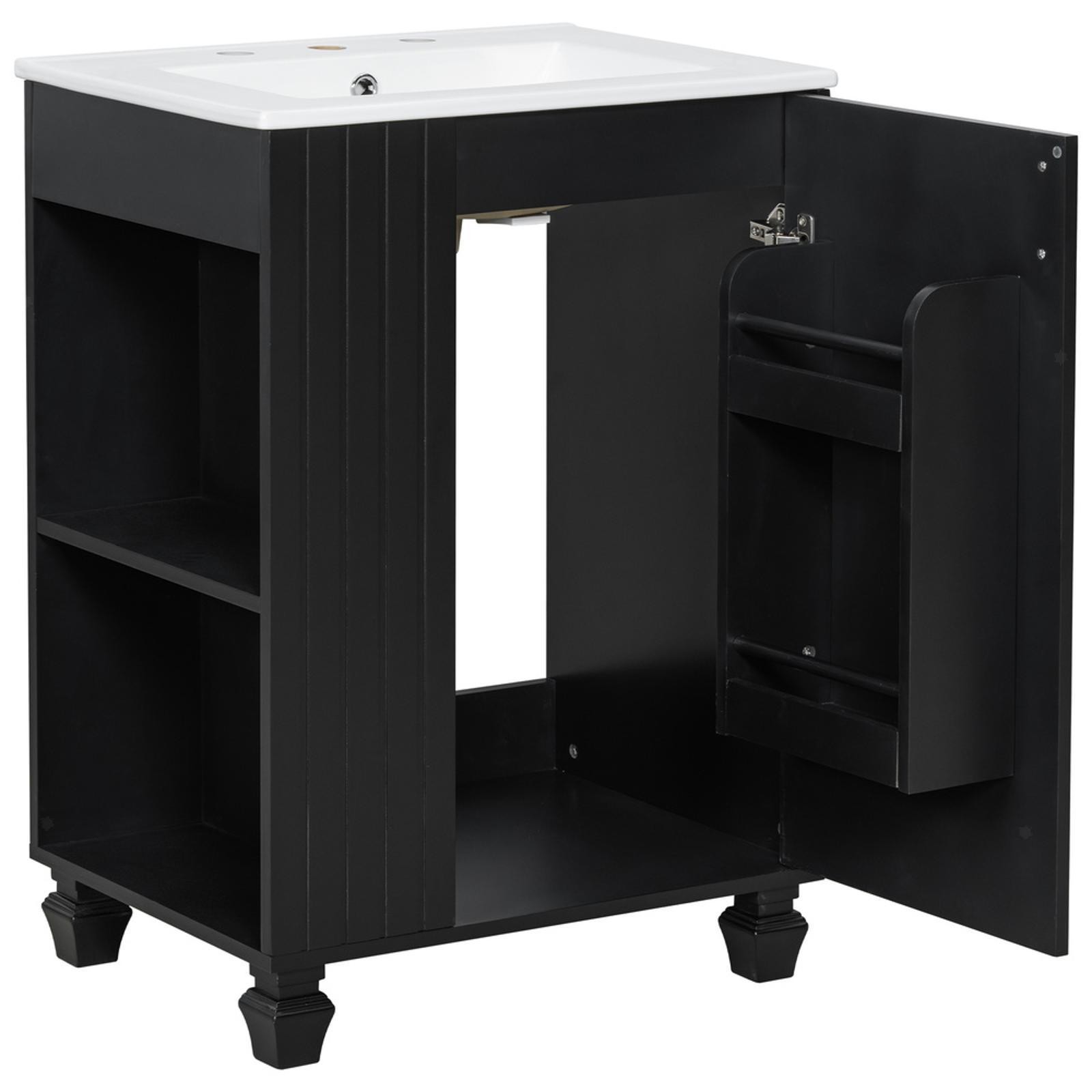 Black 24-Inch Bathroom Vanity with Pine Wood Frame, Side Storage, Soft-Closing