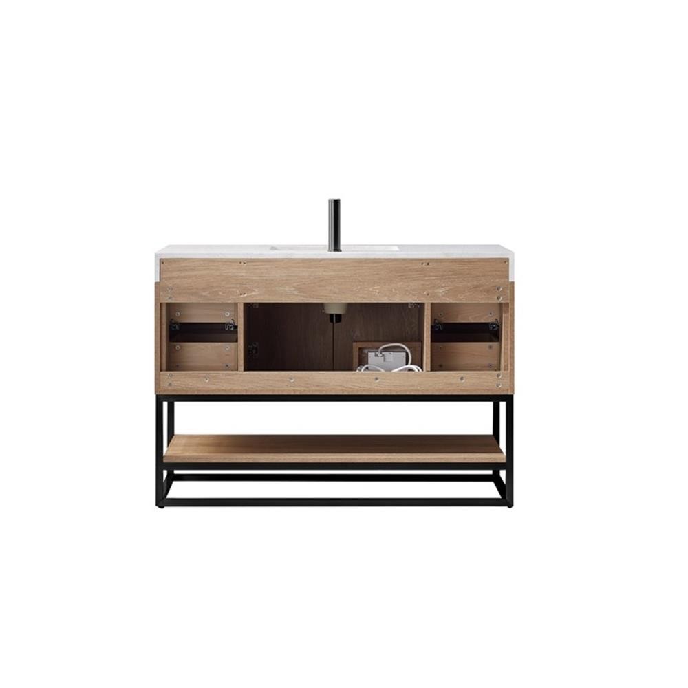 Pemberly Row 48″ White Stone Top Oak Single Vanity Black Frame w/o Mirror