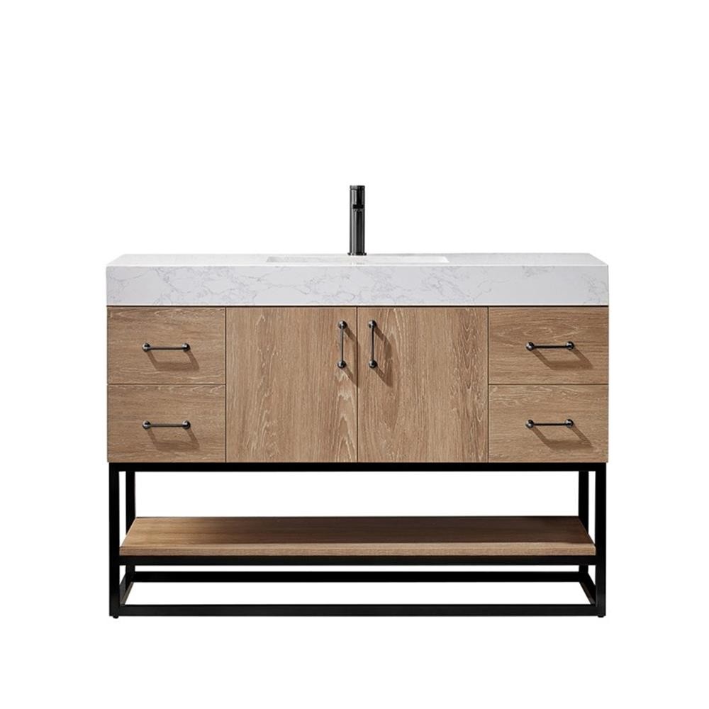 Pemberly Row 48″ White Stone Top Oak Single Vanity Black Frame w/o Mirror