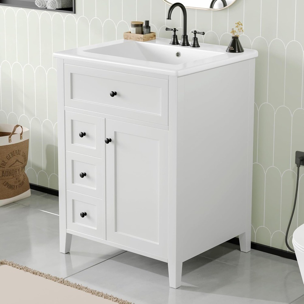 White 24 Inch Bathroom Vanity with Sink Combo, Solid Wood Storage Cabinet with 3
