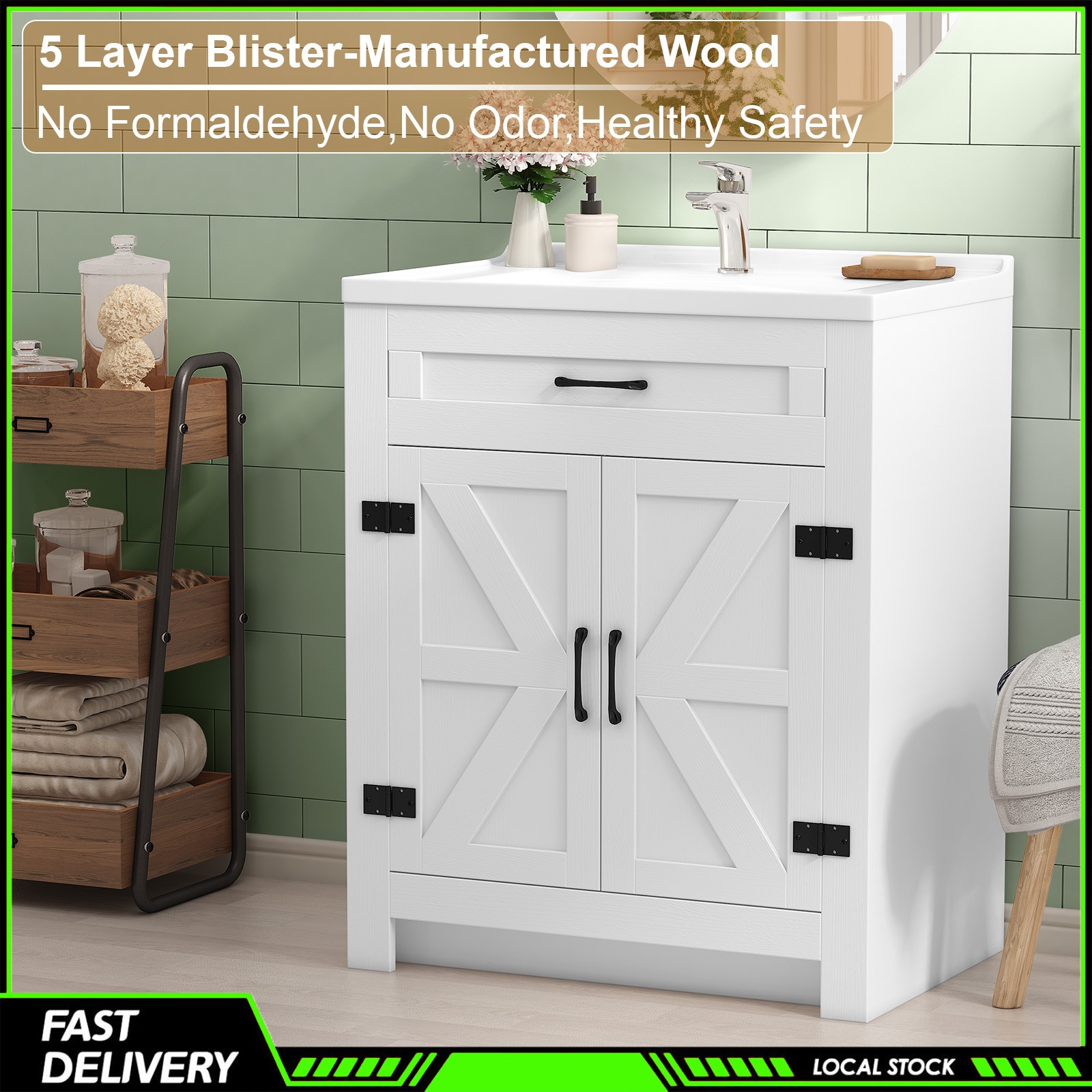 31″ Bathroom Vanity Cabinet with Ceramic Sink Freestanding Storage with Drawer