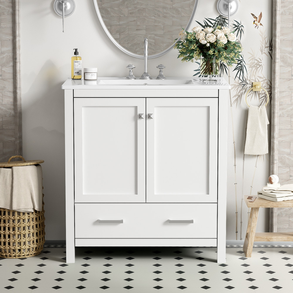 Modern Ceramic Vanity w/ Soft-Close Organizer, Divider & Adjustable Feet