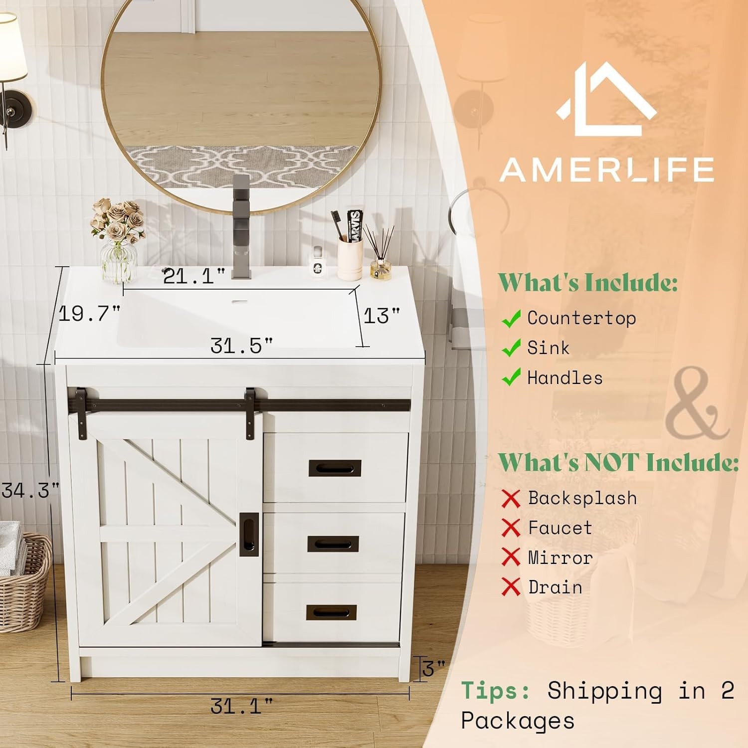 31″ Farmhouse Bathroom Vanity with Sink, Sliding Barn Door, Antique White