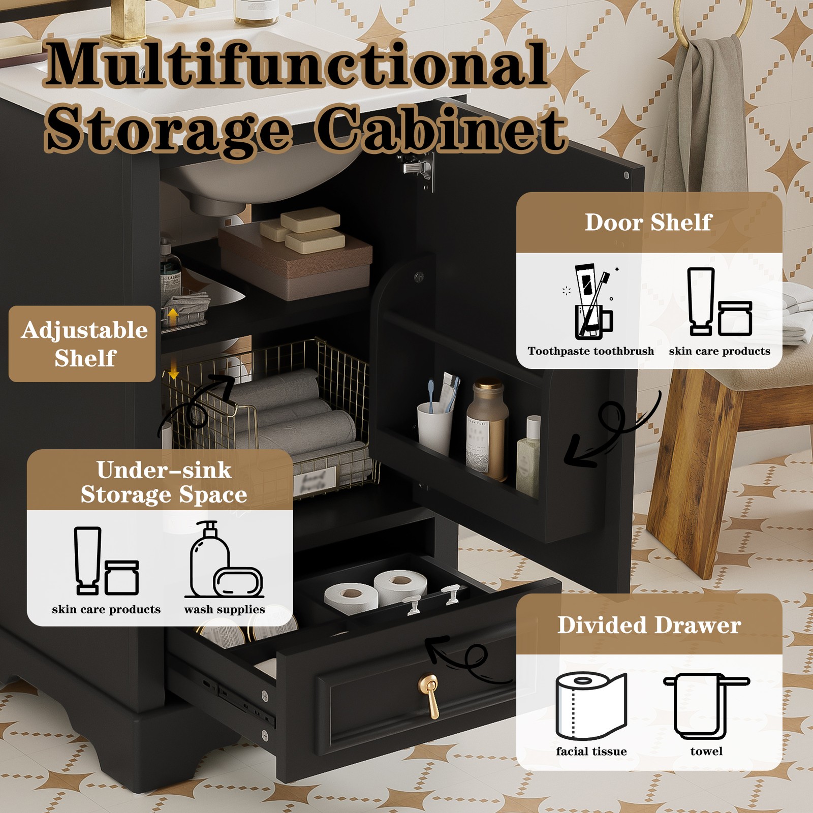 20″ Bathroom Vanity with Ceramic Sink Modern Storage Cabinet w/Soft Close Door