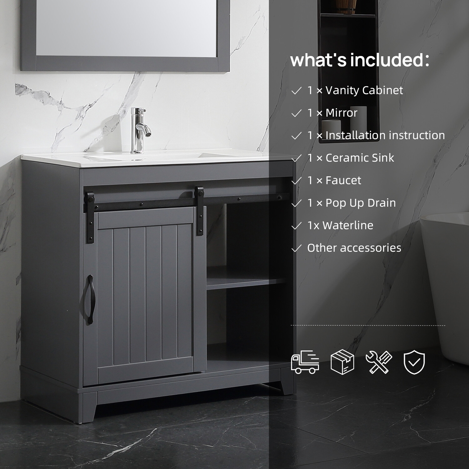 36″ Sliding Door Bathroom Vanity w/ Undermount Sink Faucet Mirror Gray Modern