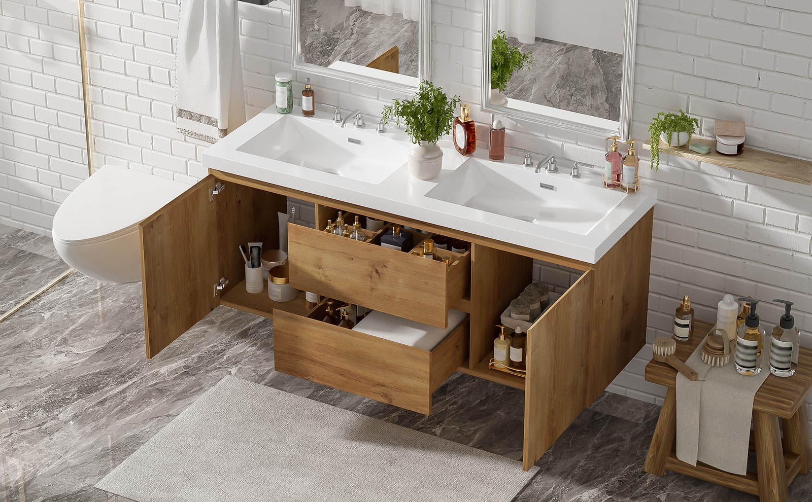 59.3″ Wall-Mounted Double Sink Bathroom Vanity with SMC Top, MDF Cabinet Wood