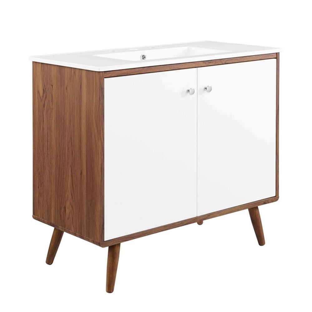 Pemberly Row 36″ Modern Wood and Ceramic Bathroom Vanity in Walnut/White