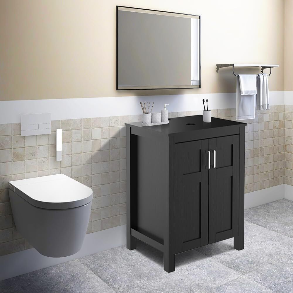 24 Inch Bathroom Vanity Wood Cabinet Free Standing Large Storage Space Black New