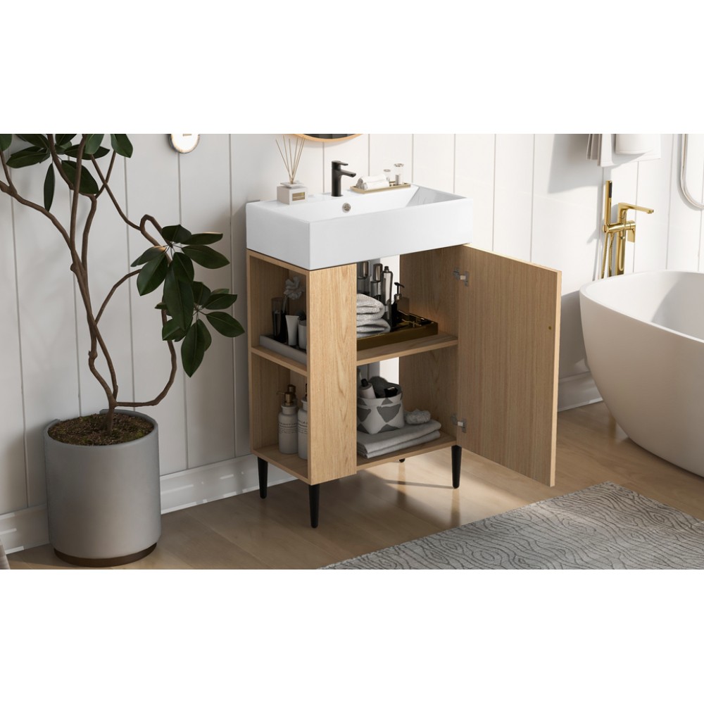 21.6″ Wood Bathroom Vanity，Ceramic Sink，Free-Standing Cabinet，Left Side Storage