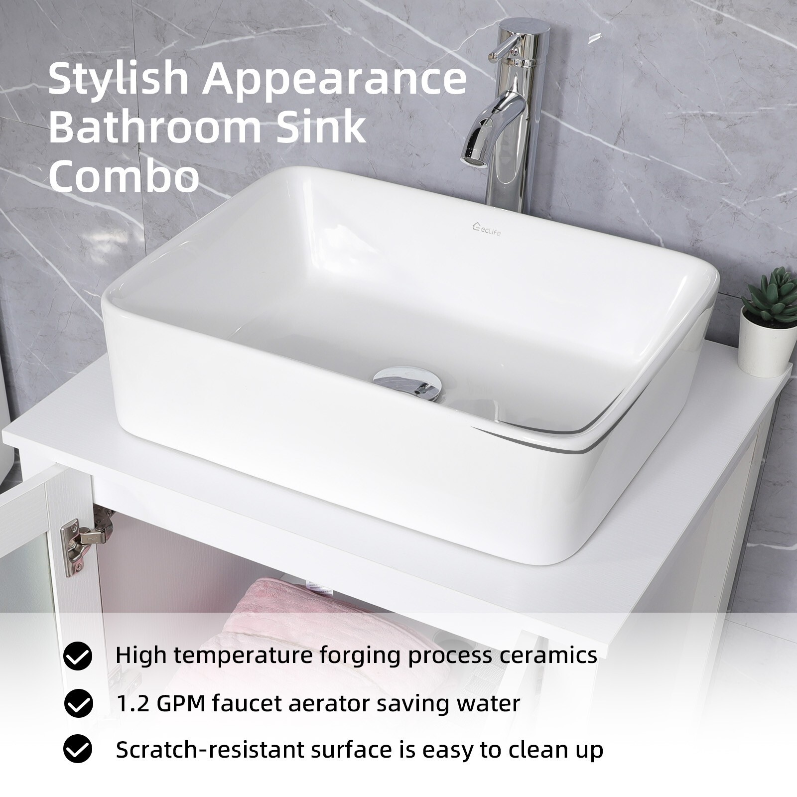 24 In White Bathroom Vanity Cabinet Set Vessel Glass Sink Faucet Combo No Mirror