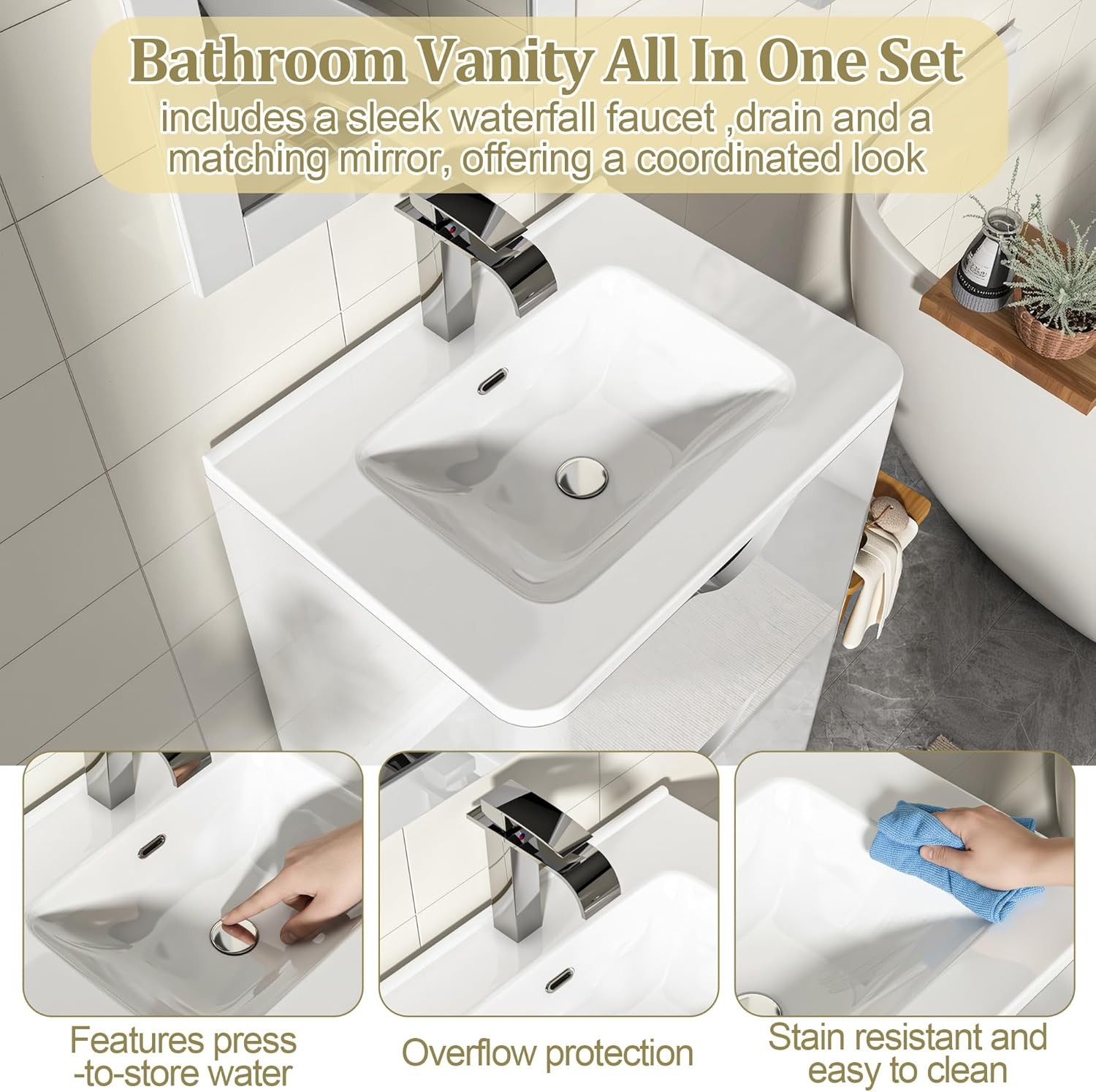 24″ Modern High Gloss Bathroom Vanity with Sink Combo,Mirror, Faucet Set,