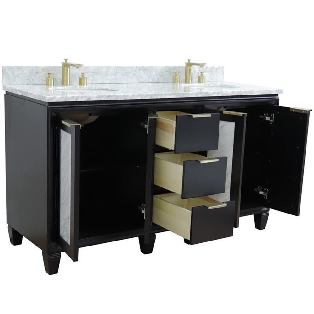Pemberly Row 61″ Double Oval Sink Solid Wood Vanity in Blue/White Carrara