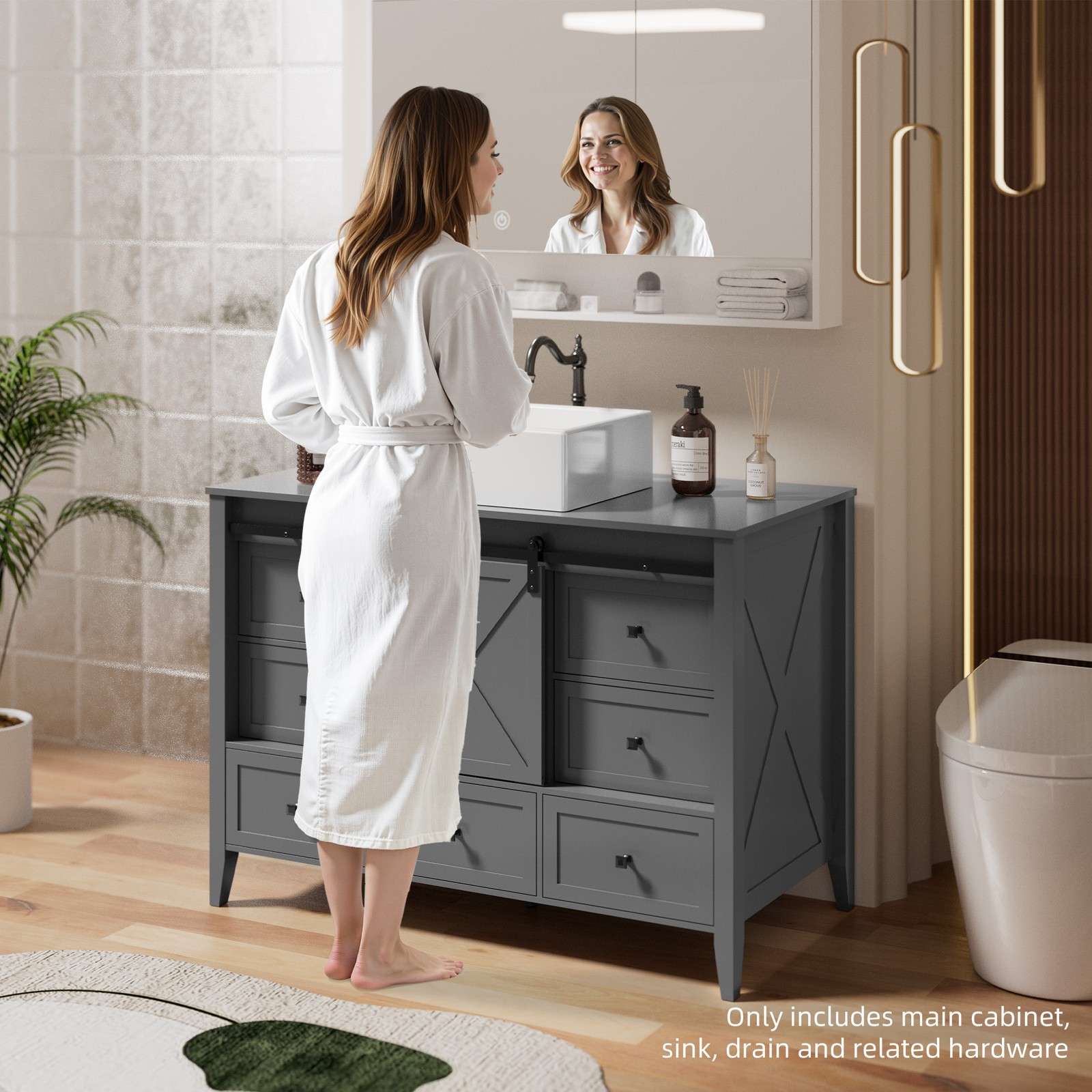 48″ Bathroom Vanity Sink Ceramic Freestanding 7Drawers Space-Saving Cabinet Grey