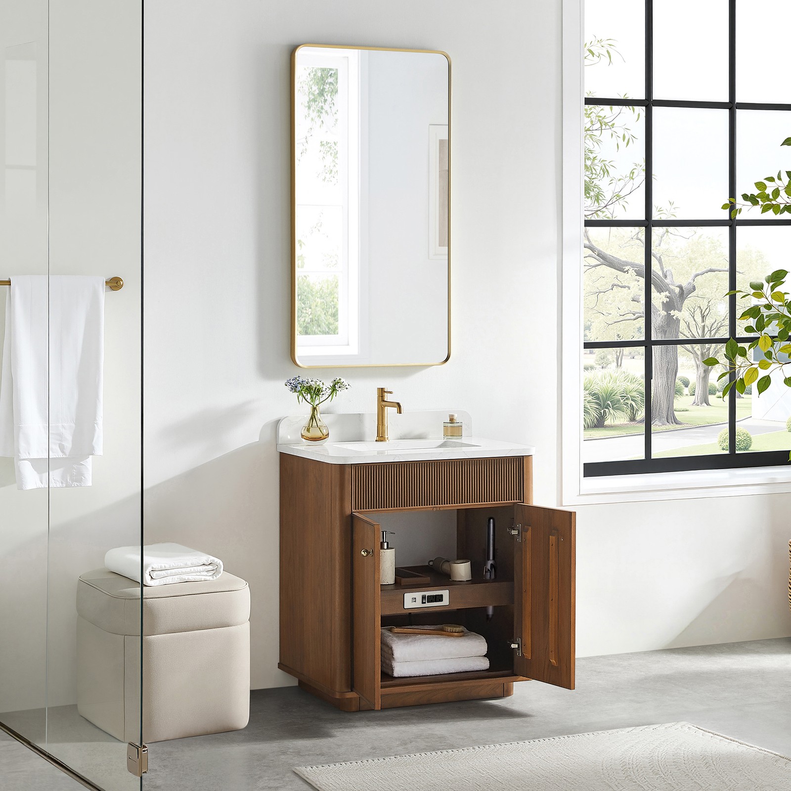Zogno 30″ Single Sink Bath Vanity in Natural Walnut with White Grain Stone Top