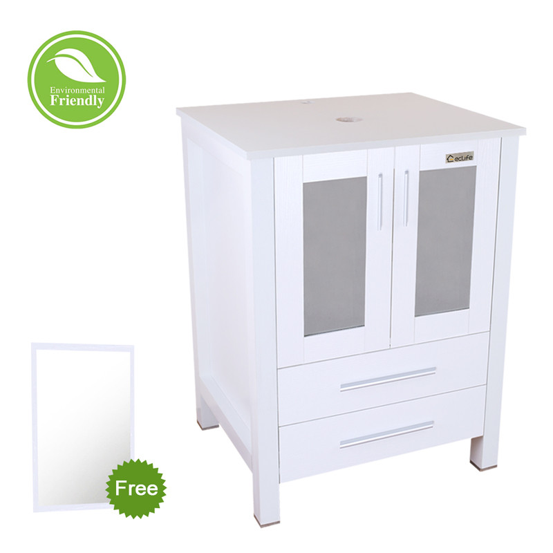 24″ Bathroom Vanity Cabinet W/ Mirror MDF Wood Single White Modern 2 drawer