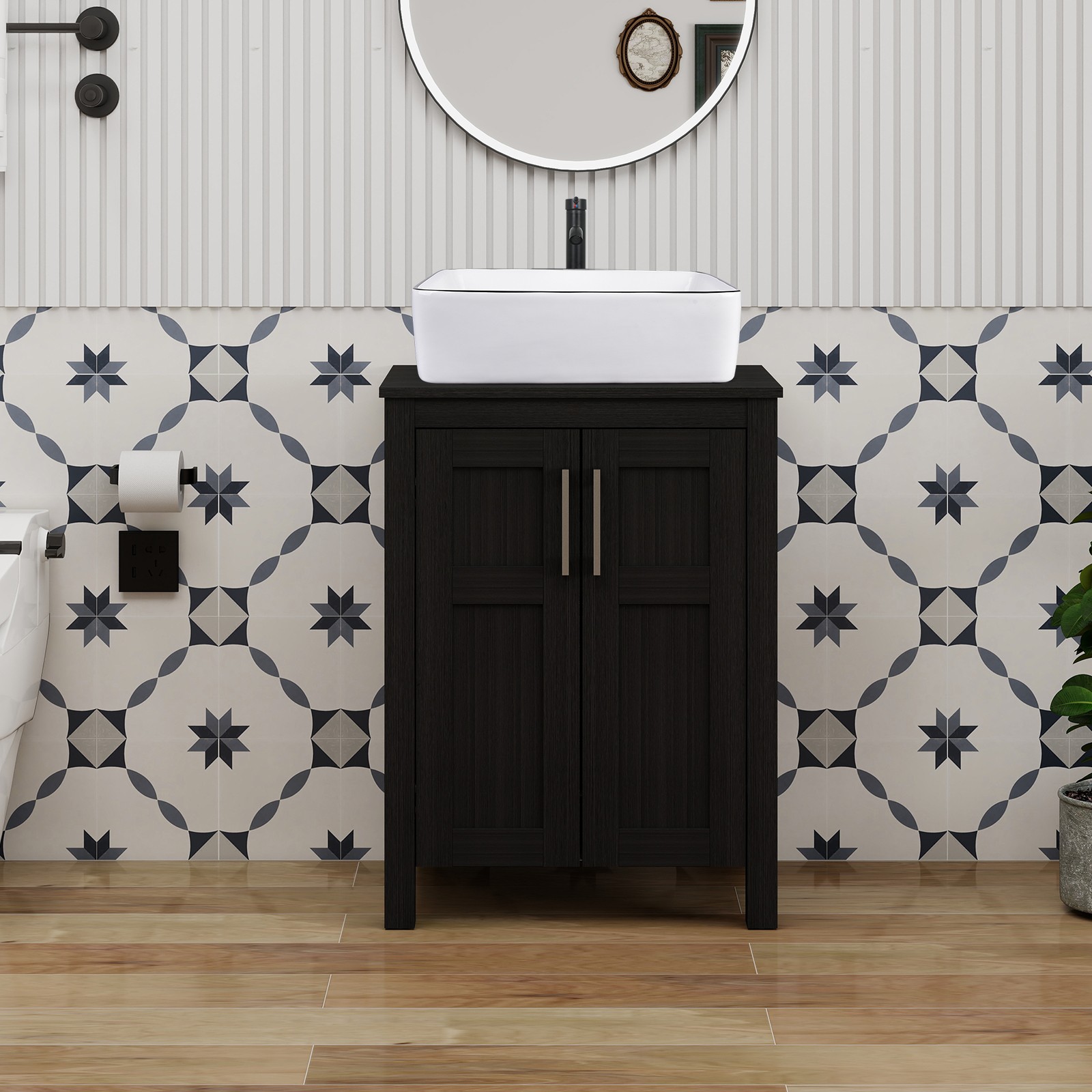 24 Inch Bathroom White Vanity with Vessel Sink Storage Cabinet Pop Up Drain Set
