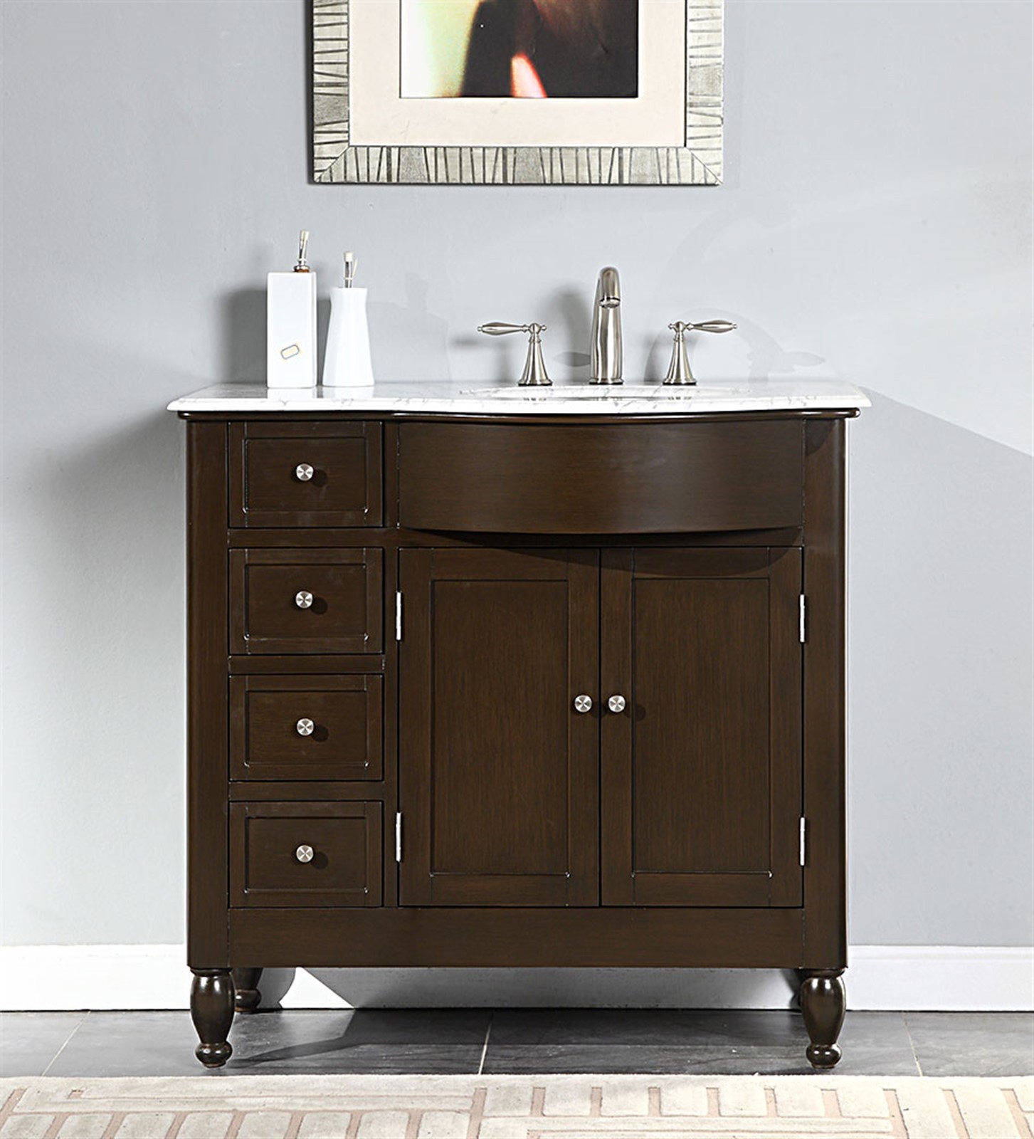 36-inch Bathroom Vanity White Marble Stone Top Single Right Sink Cabinet GD902R