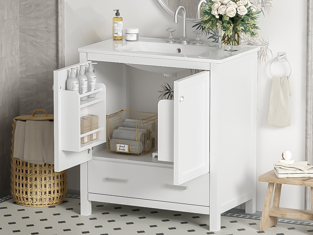30″ White Bathroom Vanity with Single Sink & Soft Close Doors