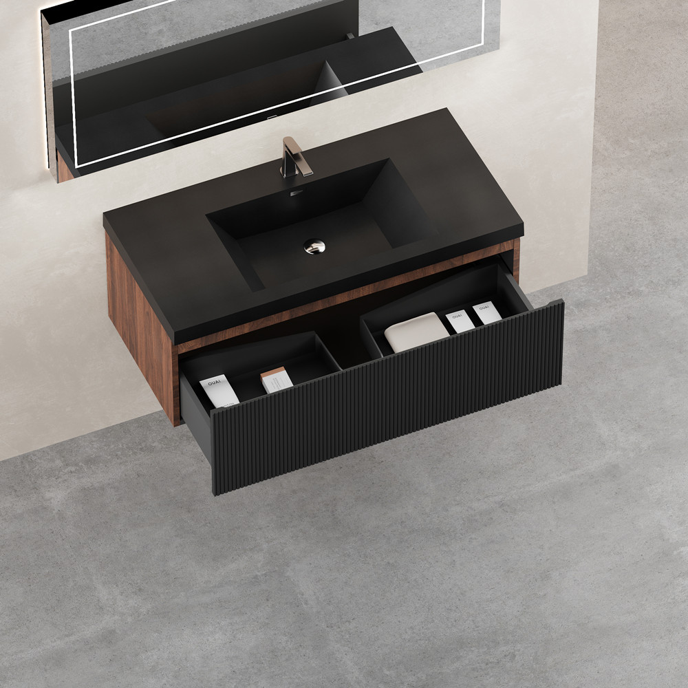 42″ Wall Mounted Bathroom Vanity w/Black Sink, Floating Vanity Cabinet, Drawer