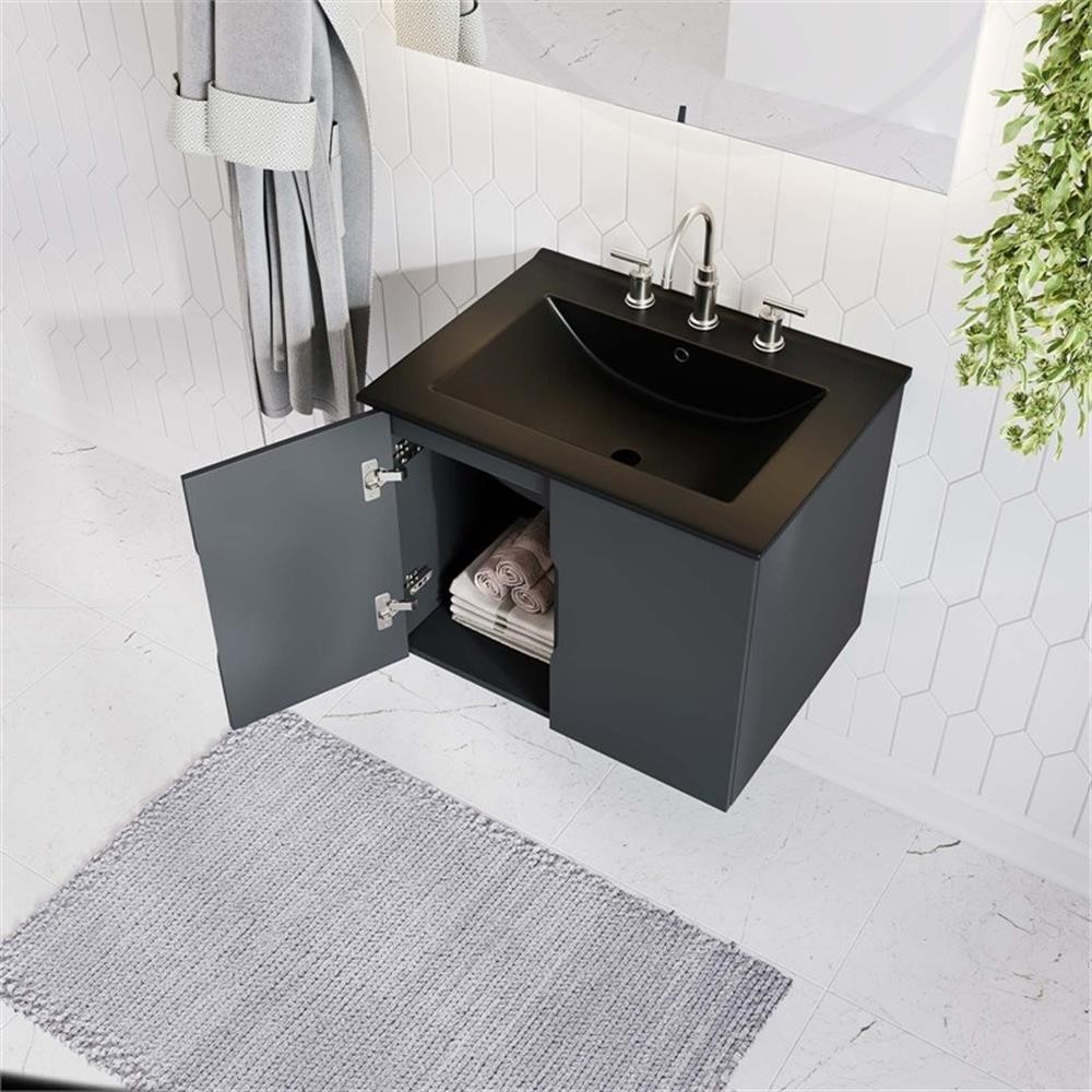 Pemberly Row 23″ Modern Wood/Ceramic Bathroom Vanity in Gray/Black