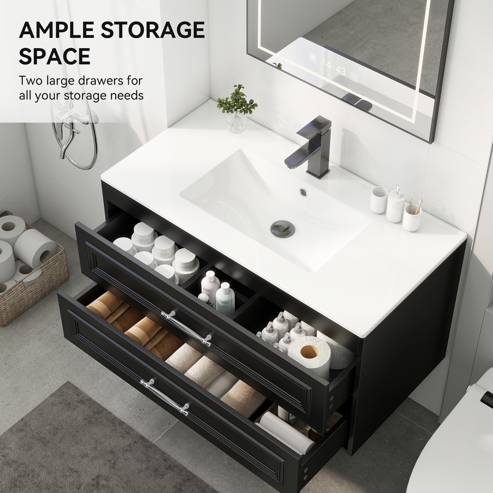 36″ Black Wall Mounted Floating Vanity with Sink Soft Close Bathroom Cabinet