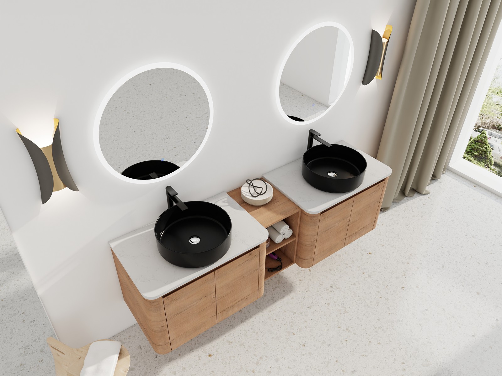 72” Wall-Mounted Bathroom Vanity Double Ceramic Black Vessel Sink 4 Doors Wood